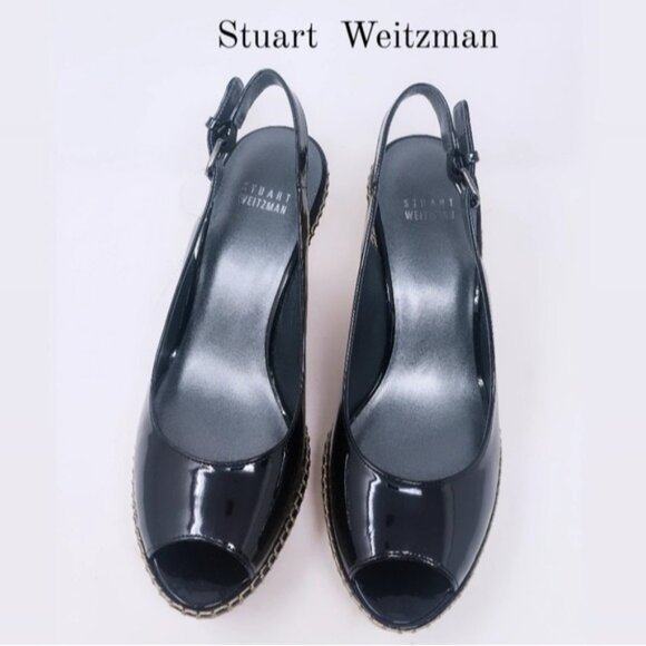 Stuart Weitzman Black Patent Leather Slingback Wedges 7.5 - Picture 7 of 8